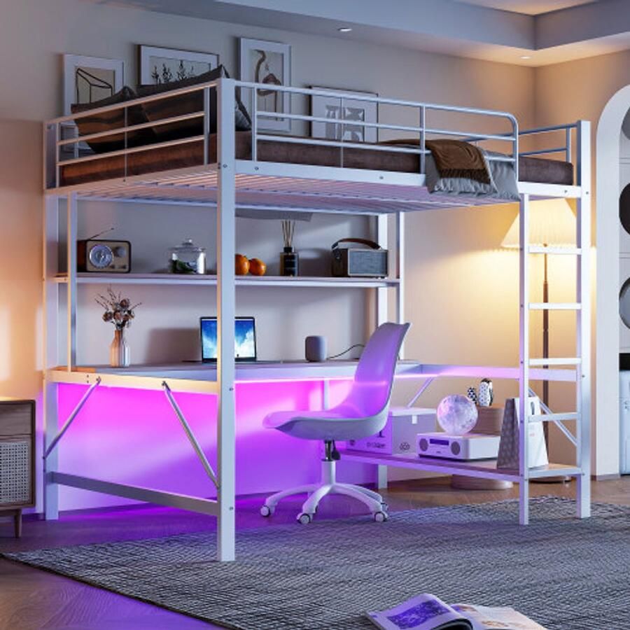 Merlooks Hoog bed 140*200 cm leuning opstapje met USB-aansluiting en stopcontact met LED-verlichting bureau meerlaagse plank zonder matras metaal wit