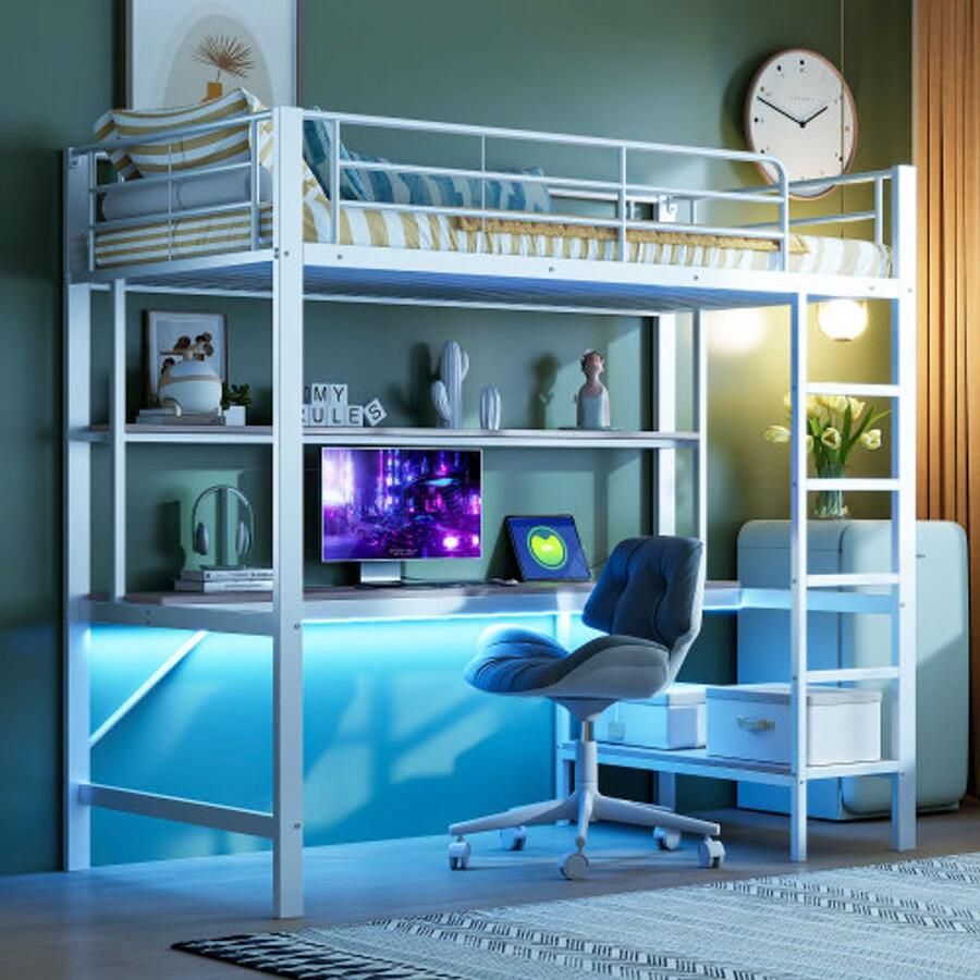 Merlooks Hoog bed 90*200 cm leuning opstapje met USB-aansluiting en stopcontact met LED-verlichting bureau meerlaagse plank zonder matras metaal wit