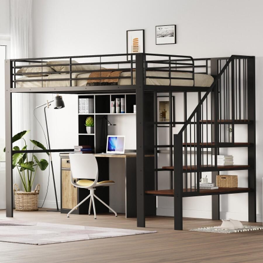 Merlooks Hoogslaper 140 x 200cm Stevige metalen constructie met ruime opbergruimte onder het bed en de trap Ideaal voor kinderen en volwassenen Opbergbed voor maximaal ruimtegebruik zwart