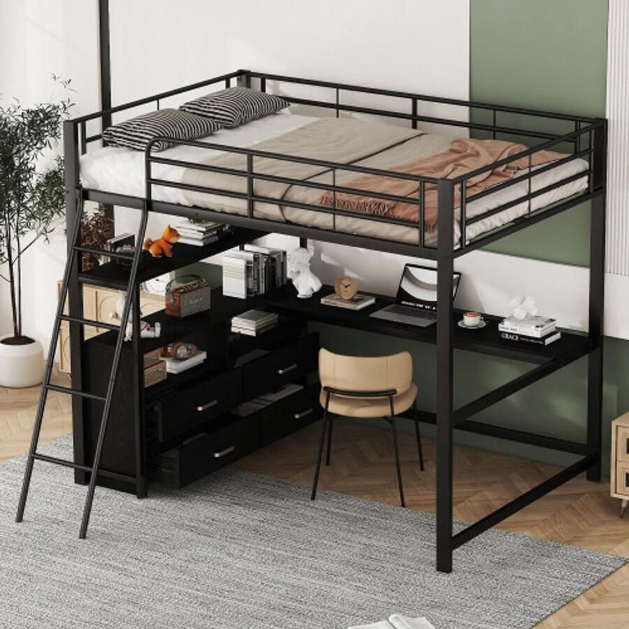 Merlooks Hoogslaper 140*200 cm ijzeren bedframe praktische lades stijlvol L-vormig bureau laminaatdesign zonder matras zwart