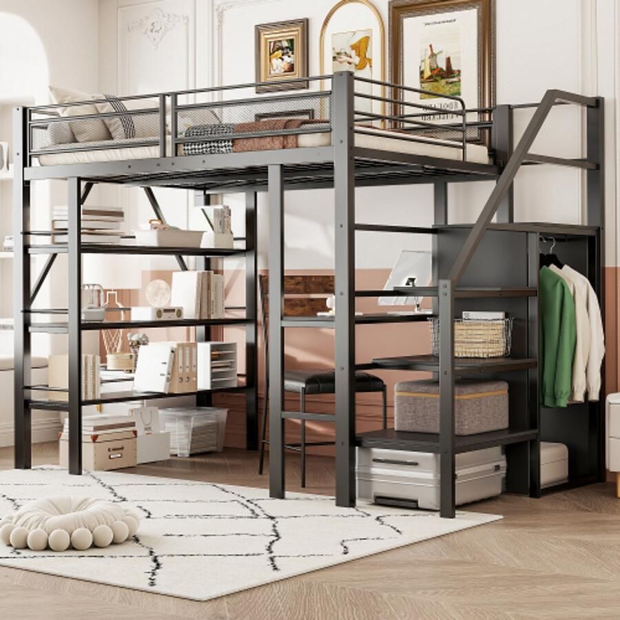 Merlooks Hoogslaper 140*200cm opbergplank met drie lagen bureau kleerkast veiligheidstrap met opbergvak hoog hekdesign ijzeren bed eenpersoonsbed zwart