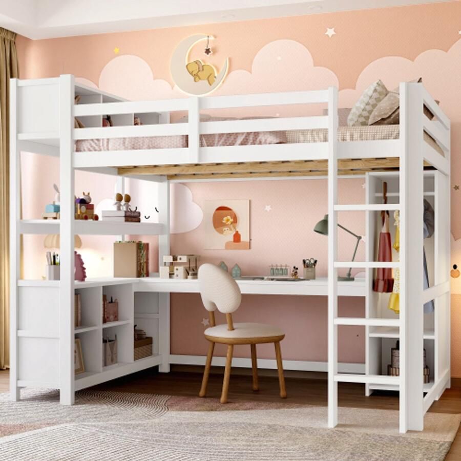 Merlooks Hoogslaper 140x200 cm planken meerdere opbergvakken bureau kledingkast zonder matras wit