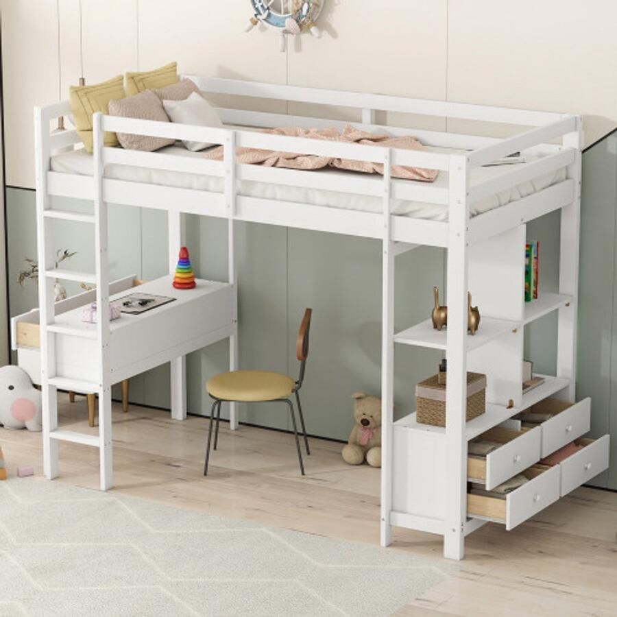 Merlooks Hoogslaper 90 x 200 cm Kinderhoogslaper met opberglades en bureau onder het bed zonder matras wit