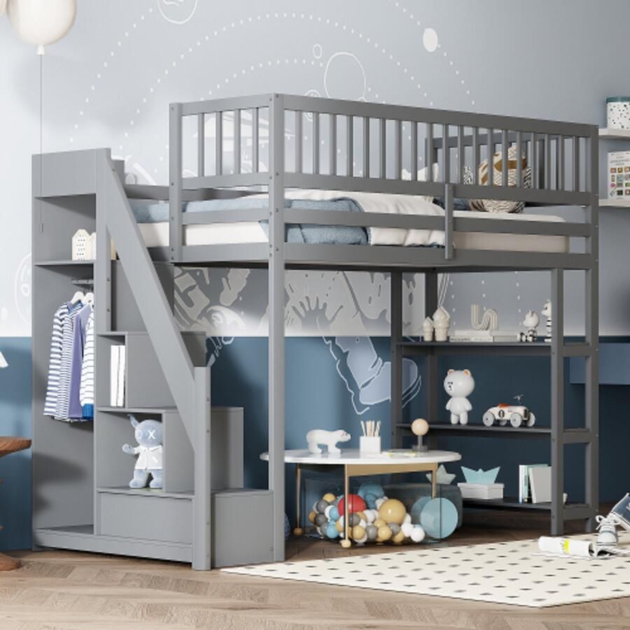 Merlooks Hoogslaper 90 x 200 hoge kleerkast veiligheidsconstructie met kleerkast legplanken en opbergruimte met veiligheidsklimladder multifunctioneel houten bed kinderbed eenpersoonsbed grijs