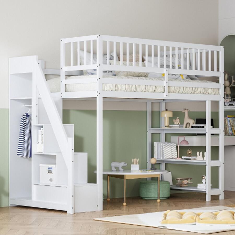 Merlooks Hoogslaper 90 x 200 hoge kleerkast veiligheidsconstructie met kleerkast legplanken en opbergruimte met veiligheidsklimladder multifunctioneel houten bed kinderbed eenpersoonsbed wit