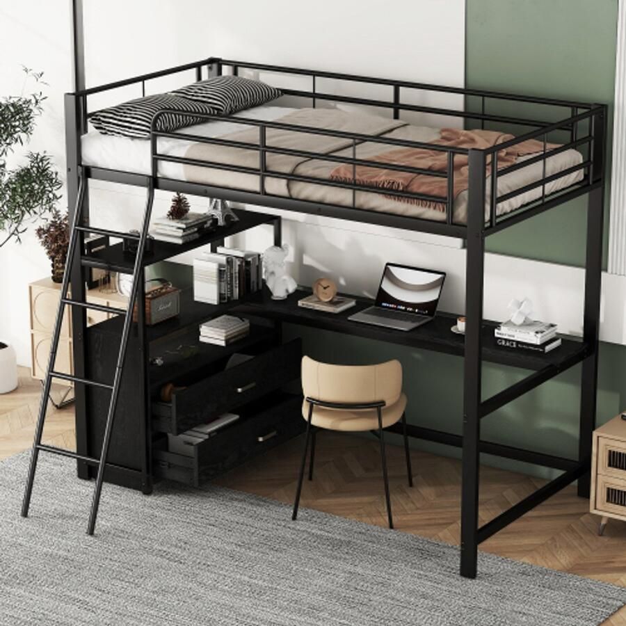 Merlooks Hoogslaper 90*200 cm ijzeren bedframe praktische lades stijlvol L-vormig bureau laminaatdesign zonder matras zwart