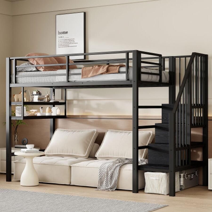 Merlooks Hoogslaper 90*200cm legplanken opbergladder vrije ruimte onder het bed voor lambrisering reling zonder matras zwart