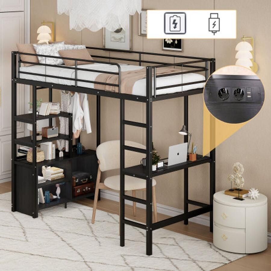 Merlooks Hoogslaper 90*200cm Zonder matras Bed met bureau Met stopcontact en USB Verschillende planken Open opbergkast Leuning Ladder IJzeren frame Zwart