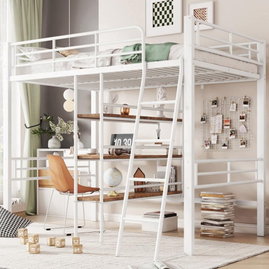Merlooks Hoogslaper 90*200cm zonder matras bed met bureau verschillende planken leuningen ladder ijzeren frame wit