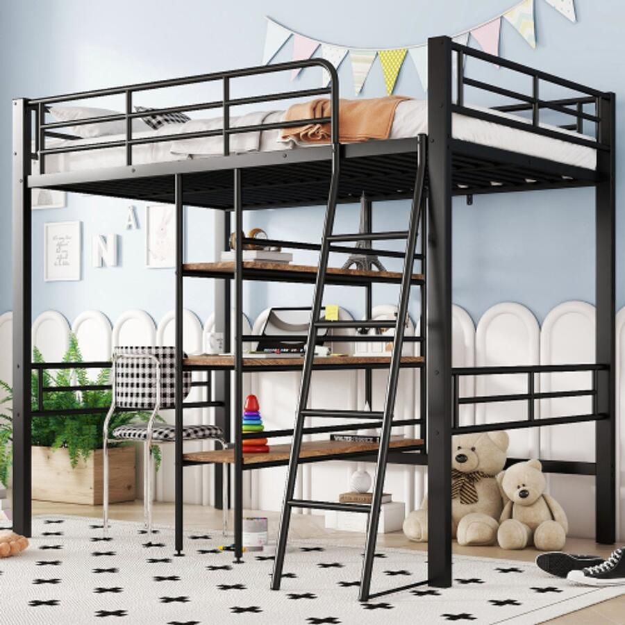 Merlooks Hoogslaper 90*200cm zonder matras bed met bureau verschillende planken leuningen ladder ijzeren frame zwart