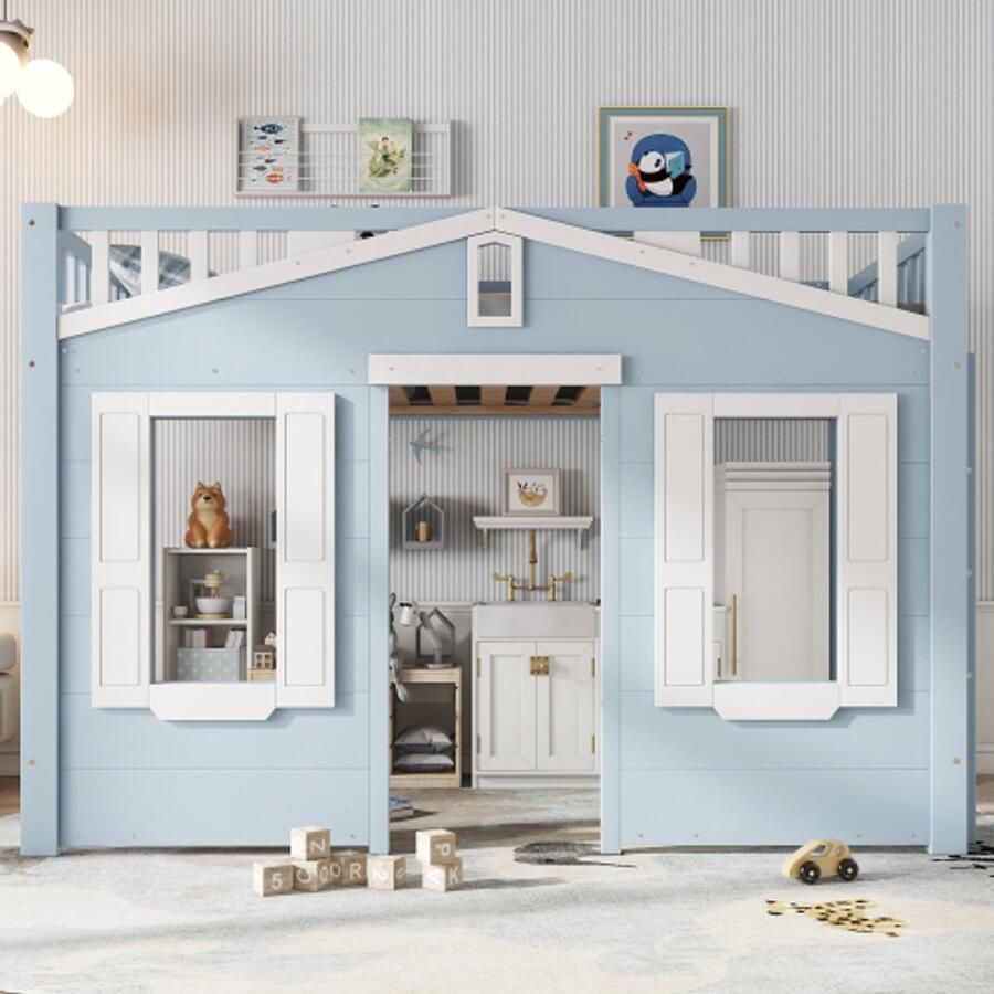 Merlooks Hoogslaper kinderbed ruimte onder het bed voor flexibele inrichting mooie raamdecoratie veilige en stabiele ladder grenen + MDF + multiplex blauw 90x200cm