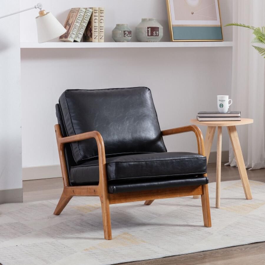 Merlooks Houten Frame Fauteuil Moderne Accent Stoel Lounge Stoel voor Woonkamer Zwart PU