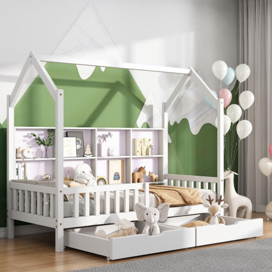 Merlooks Huisbed Kinderbed met multifunctionele boekenplank opbergrek kast opbergrek en twee grote lades met opbergruimte en schoorsteenvorm 90x200 Wit