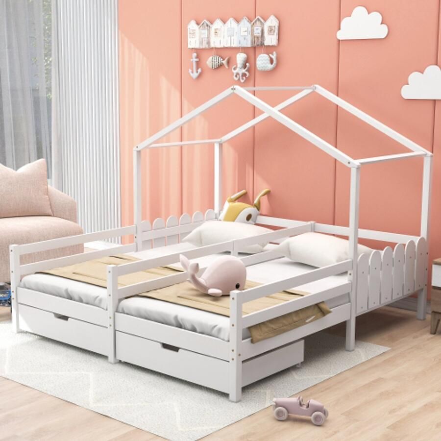 Merlooks Huisbed tweepersoonsbed kinderbed spijlenbed met 2 MDF-lades op wieltjes lattenbodem van grenenhout wit (200x90cm)