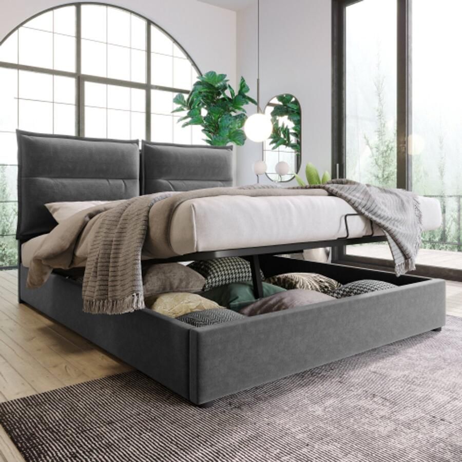 Merlooks Hydraulisch tweepersoonsbed Gestoffeerd bed 140x200cm Verstelbaar hoofdeinde Bed met metalen lattenbodem Fluweel Modern bedframe met opbergruimte Grote opbergruimte Grijs(Zonder matras)