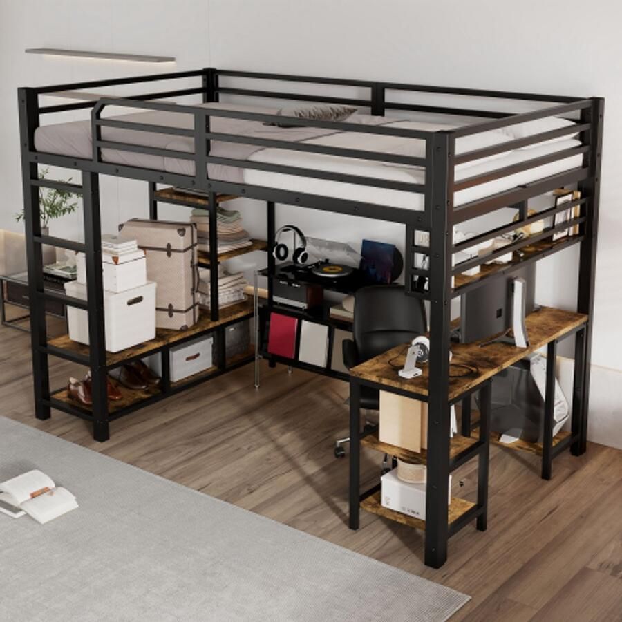 Merlooks IJzeren bed hoogslaper met bureau en opbergruimte stevige lattenbodems ladder met 4 treden ijzer + spaanplaat zwart + donker 120 x 200 cm