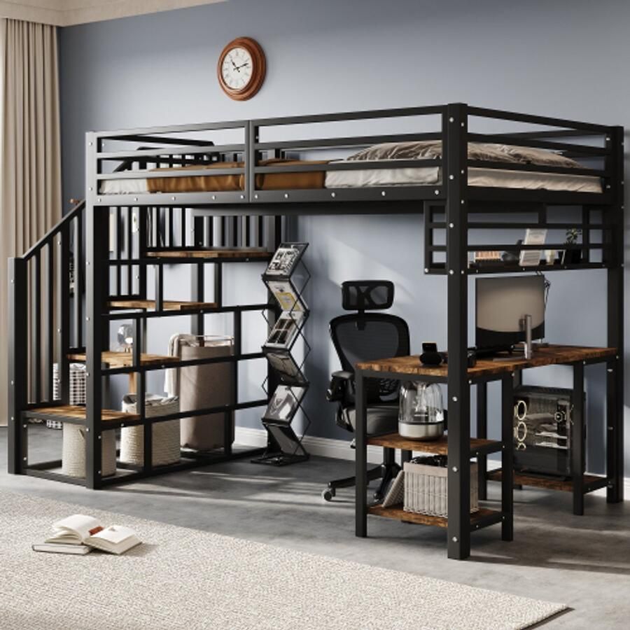 Merlooks IJzeren bed hoogslaper trap met leuningen met bureau en opbergrek stevige lattenbodems ijzer + spaanplaat zwart + donker 120 x 200 cm