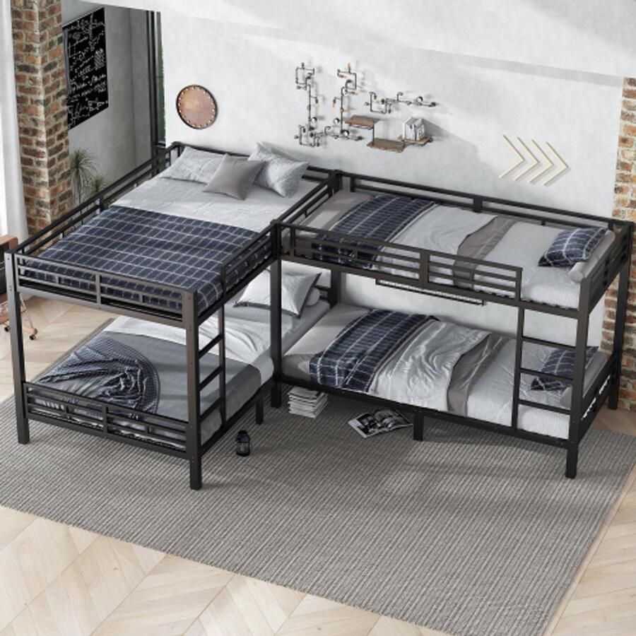 Merlooks IJzeren bed stapelbed ladder met drie treden stabiele lattenbodem configuratie met meerdere bedden in verschillende maten ijzer zwart 90 x 200 cm en 140 x 200 cm