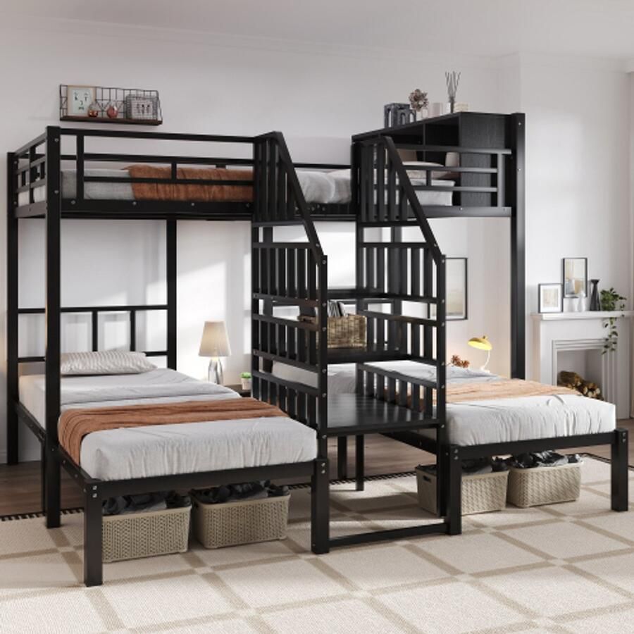 Merlooks IJzeren bed stapelbed met drie slaapplaatsen comfortabele trap met leuningen stabiele bedframeconstructie bovenste bed met opbergruimte ijzer zwart 90x200cm & 140x200cm
