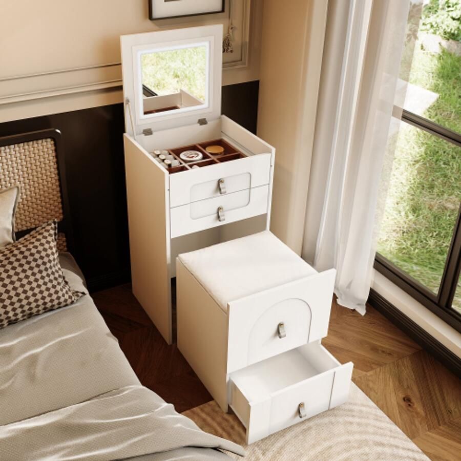 Merlooks Kaptafel (inclusief make-up krukje) Multifunctioneel opbergkrukje nachtkastje met spiegel en LED-verlichting met 3 laden Wit