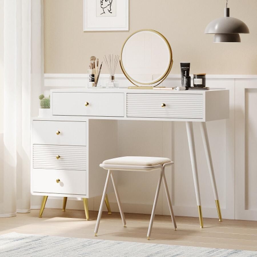 Merlooks Kaptafel met LED Verlichting en Spiegel Kaptafel met 5 Compacte Lades Verstelbare Zijkast en Uitbreidbaar Ontwerp 100x78x40 cm (Zonder Stoel)