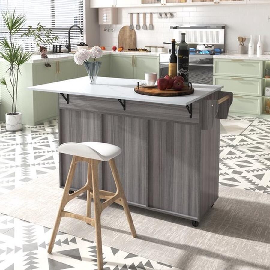 Merlooks Keukeneiland Eetwagen Eettafel wit marmeren aanrecht en grijs houten graankast uitschuifbaar aanrecht opbergdeurontwerp wielen massief houten poten kunnen worden geschakeld