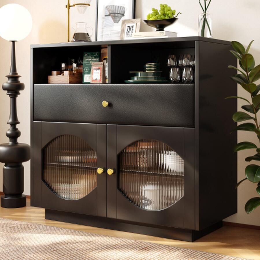 Merlooks Keukenkast buffetkast met glazen deuren opbergkast buffetkast voor keuken eetkamer en woonkamer modern dressoir 100×40×90 5cm zwart