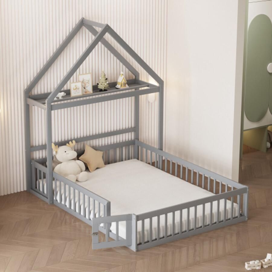 Merlooks Kinderbed 140 x 200 kinderbedframe van massief hout met opbergruimte volledige beschermingshekken en deuren en lattenbodem grijs