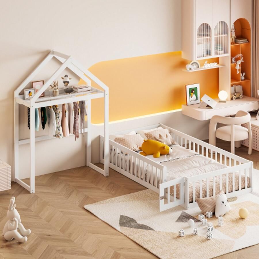 Merlooks Kinderbed 90 x 200 kinderbedframe van massief hout met opbergruimte volledige beschermingshekken en deuren en lattenbodem wit