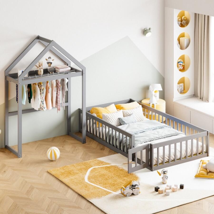 Merlooks Kinderbed 90 x 200 kinderbedframe van massief hout met opbergruimte volledige beschermingshekken en deuren en lattenbodem grijs