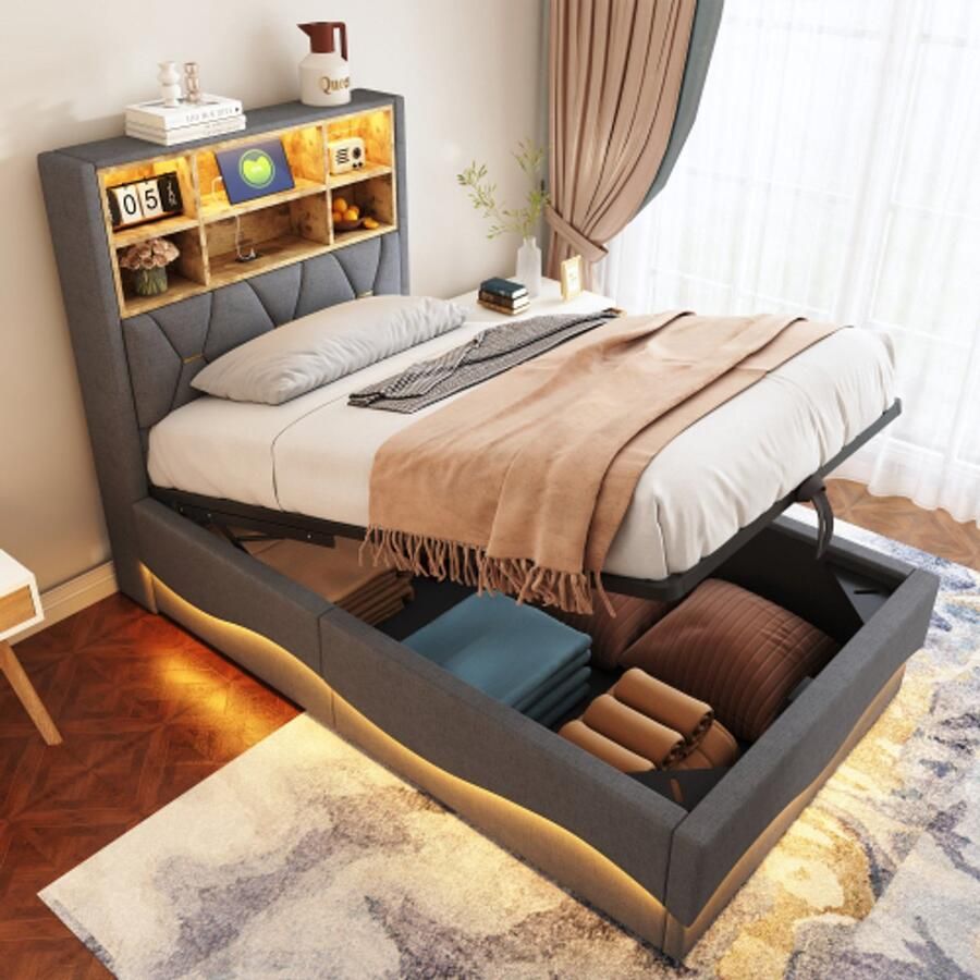 Merlooks Kinderbed 90×200 cm met hydraulische opbergruimte APP-gestuurde LED-lichtlijst USB-oplaadaansluiting Metalen lattenbodem Linnen bekleding Grijs