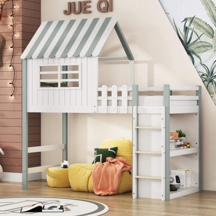 Merlooks Kinderbed 90x200 cm hoog en laag Bed voor jongens en meisjes Thuisbed dakvorm met veiligheidsladder met opbergvak Multifunctioneel bed Massief houten bed met lattenbodem Groen