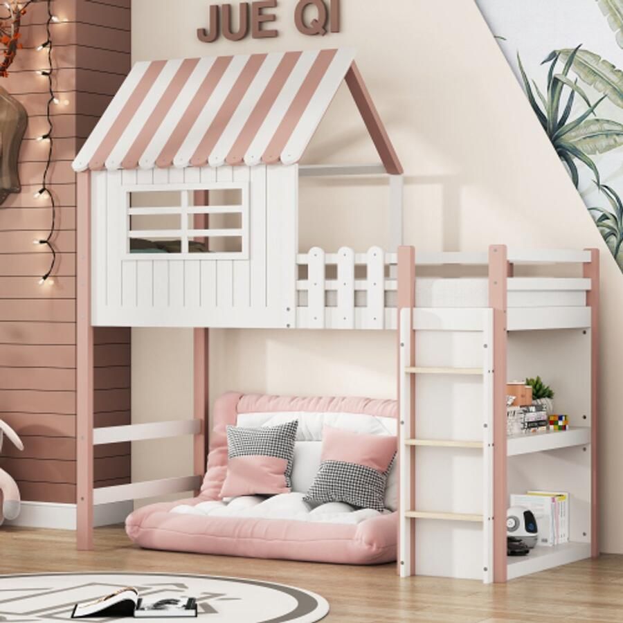 Merlooks Kinderbed 90x200 cm hoog en laag Bed voor jongens en meisjes Thuisbed dakvorm met veiligheidsladder met opbergvak Multifunctioneel bed Massief houten bed met lattenbodem Roze