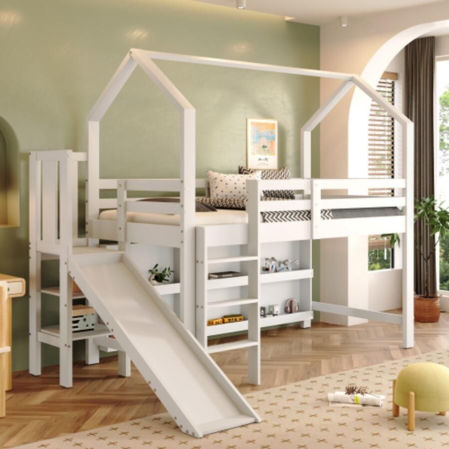 Merlooks Kinderbed eenpersoonsbed 90*200 cm multifunctioneel kinderbed met glijbaan trap opbergvak en plank zonder matras massief hout + MDF wit