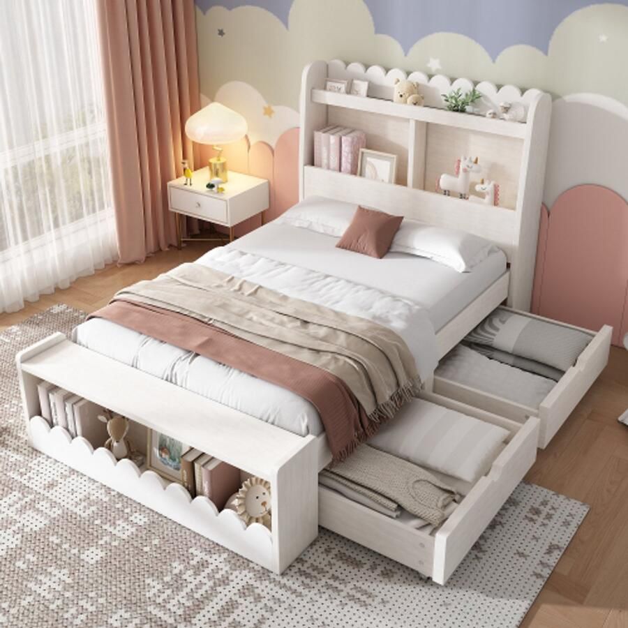 Merlooks Kinderbed Eenpersoonsbed Bed met opbergruimte met lades plank en bank met opbergruimte houten bed 90x190 cm bedframe en lattenbodem van hout wit met eikenkleur (zonder matras)