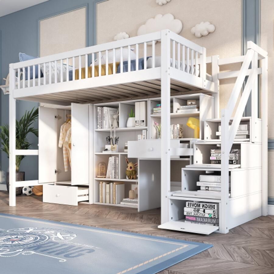 Merlooks Kinderbed eenpersoonsbed multifunctioneel kinderbed met bureau trap kluisjes en kledingkast zonder matras massief hout + MDF wit 90*200