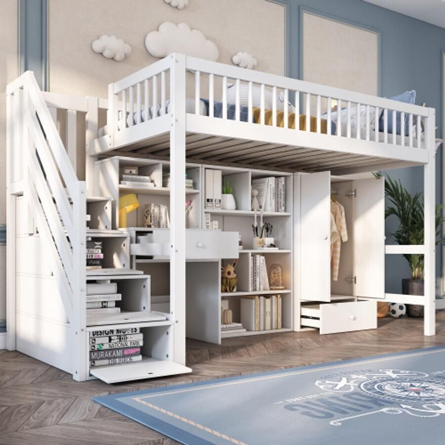 Merlooks Kinderbed eenpersoonsbed multifunctioneel kinderbed met bureau trap kluisjes en kledingkast zonder matras massief hout + MDF wit 90*200 - Foto 2