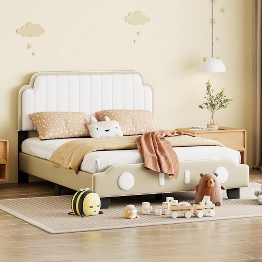 Merlooks Kinderbed gestoffeerd bed 140*200 cm PU leer Tweekleurig geschikt voor jongens en meisjes unieke styling met lattenbod platbed Grijs (matras niet inbegrepen)