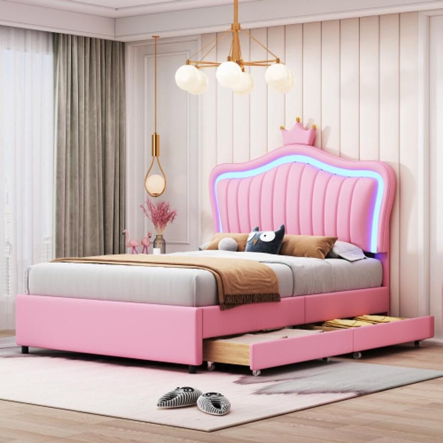 Merlooks Kinderbed Gestoffeerd bed 90 x 200 cm kroonbed meisjes 1-persoonsbed van PU leer met opberglades LED verlichting lattenbodem en rugleuning roze