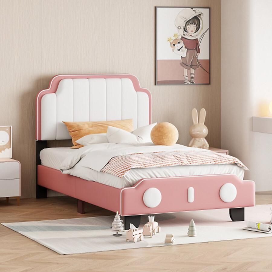 Merlooks Kinderbed gestoffeerd bed 90*200 cm PU leer Tweekleurig geschikt voor jongens en meisjes unieke styling met lattenbod platbed Roze (matras niet inbegrepen)