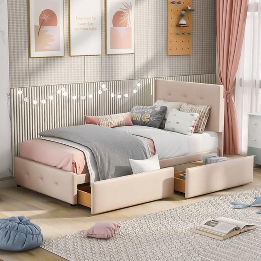 Merlooks Kinderbed Jeugdbed Gastenbed Gestoffeerd bed 90 x 200 cm Bed met lattenbod rugleuning en twee lades huidvriendelijke fluwelen stof Beige plat eenpersoonsbed Donkerbeige