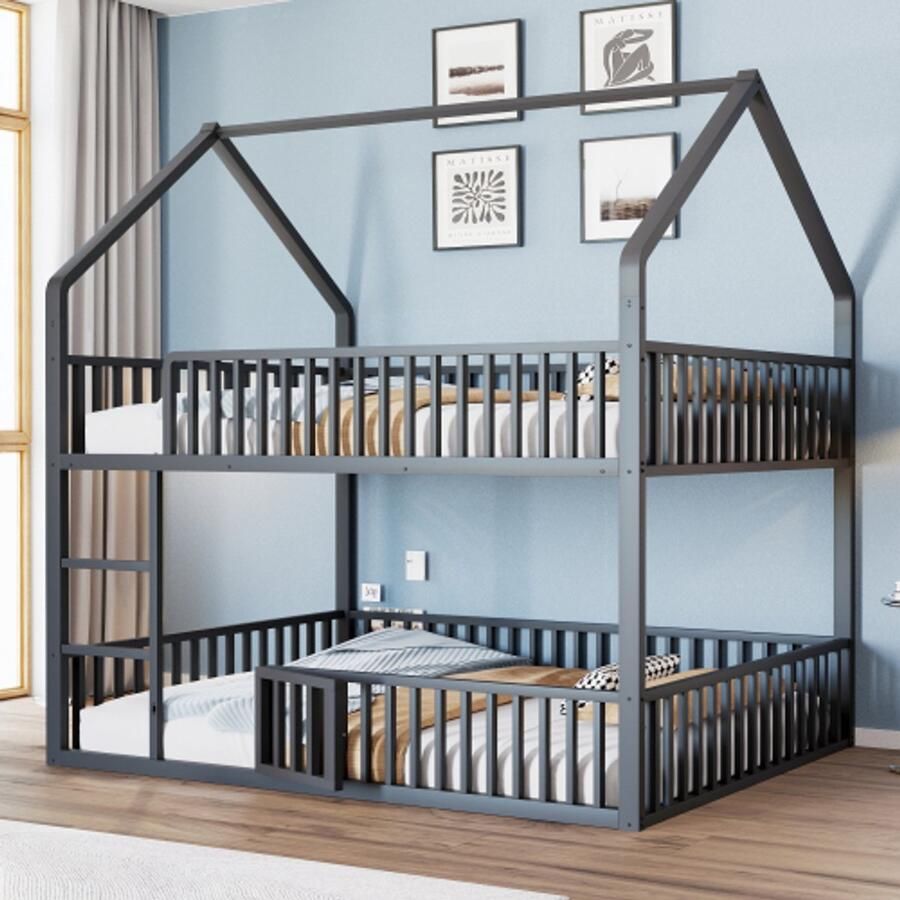 Merlooks Kinderstapelbed 140*200 metalen tweepersoonsbed kinderbed voor gezinnen stapelbed met trap loftdesign onderste bed met kleine deur die open en dicht kan zwart