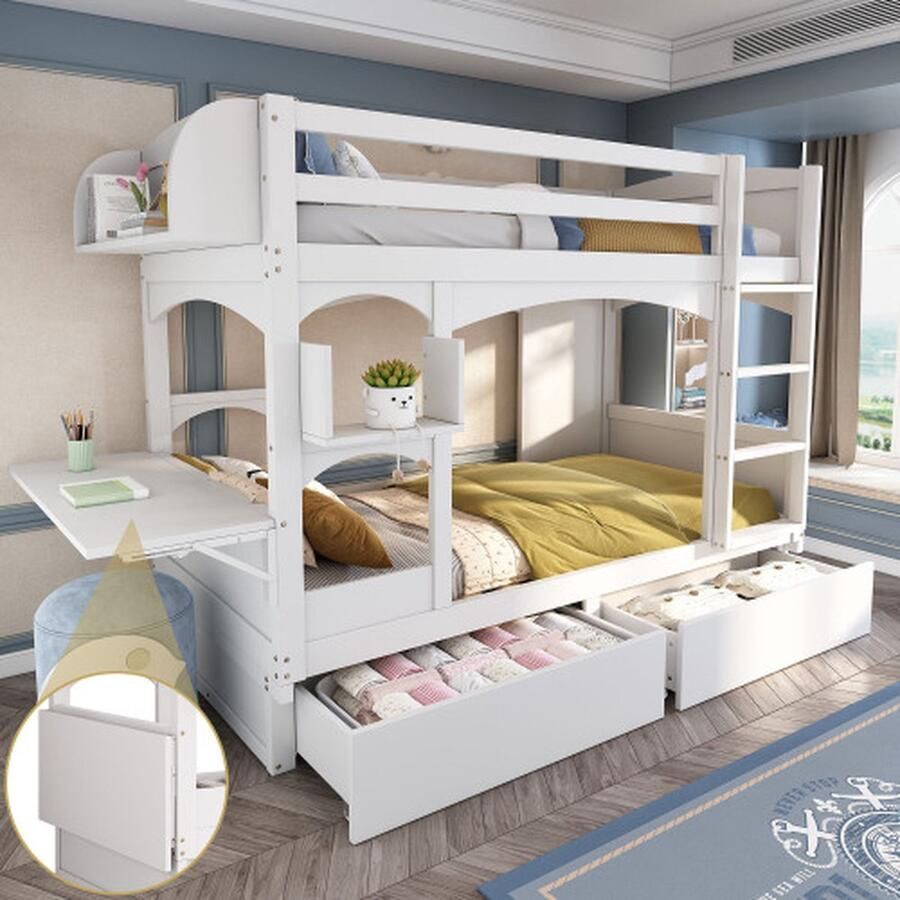 Merlooks Kinderstapelbed Multifunctioneel Kinderbed met opklapbaar Bureau en Plank met ladder en 2-laden zonder matras massief hout Wit 90*200cm