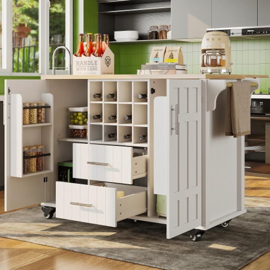 Merlooks Kookeiland met verwijderbare scheidingswanden eetkamertrolley met werkblad buffetkast eetkamertrolley met houtnerf zijdelings handdoekenrek met wijnrek met wielen wit