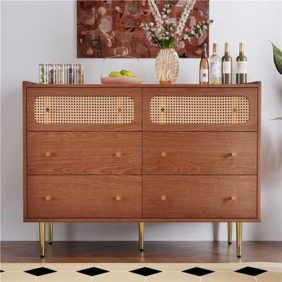Merlooks Lade commode met 6 lades rotan dressoir highboard voor slaapkamer alle woonruimtes walnoot -H90 B120 T40 cm