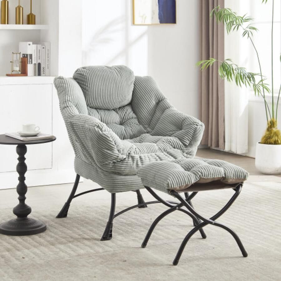 Merlooks Lazy Chair met voetenbank moderne lounge-accentstoel met armleuningen en een zijvak gestoffeerde fauteuil voor vrije tijd leesstoel met voetensteun voor kleine ruimtes hoekstoel lichtgroen