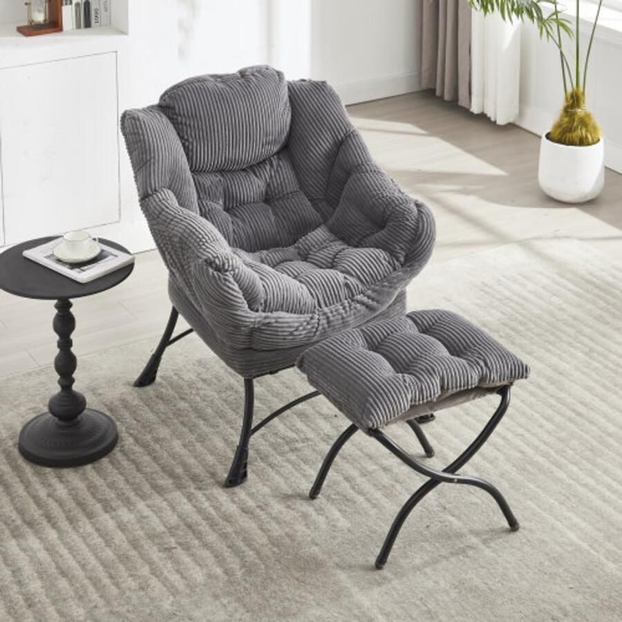 Merlooks Lazy Chair met voetenbank moderne lounge-accentstoel met armleuningen en een zijvak gestoffeerde fauteuil voor vrije tijd leesstoel met voetensteun voor kleine ruimtes hoekstoel grijs