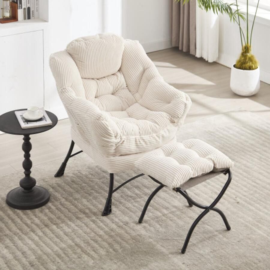 Merlooks Lazy Chair met voetenbank moderne lounge-accentstoel met armleuningen en een zijvak gestoffeerde fauteuil voor vrije tijd leesstoel met voetensteun voor kleine ruimtes hoekstoel wit