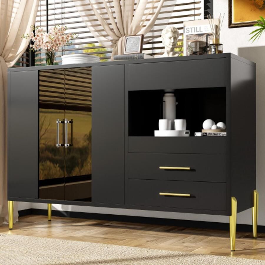 Merlooks Lichtgewicht luxe modern dressoir met elegante groenblauwe glazen deur kristallen acryl handgrepen voor eetkamer en woonkamer gegalvaniseerde goudkleurige ijzeren poten zwarte body