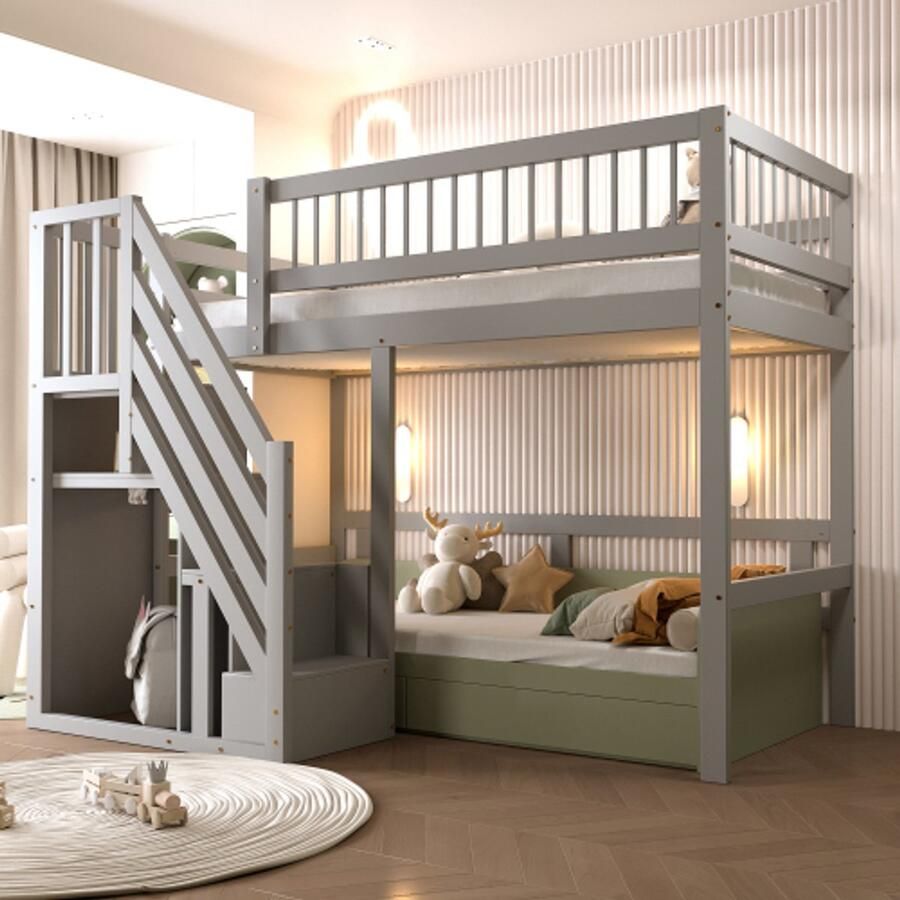 Merlooks Massief houten bed 90*200 trap met opbergkast kinderbed jeugdbed eenpersoonsbed massief houten frame hoog model grijs